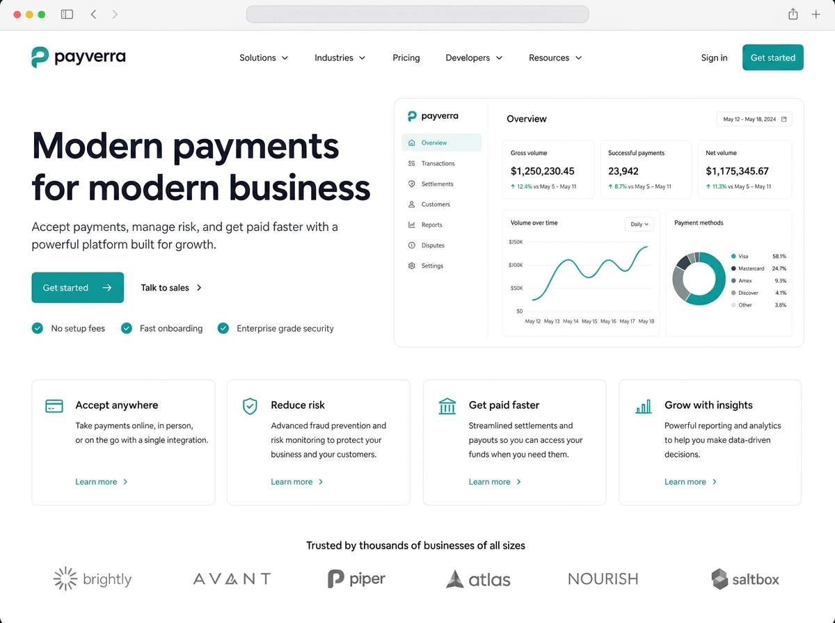 Website design for a business payments service, with a bold headline and dashboard graphic