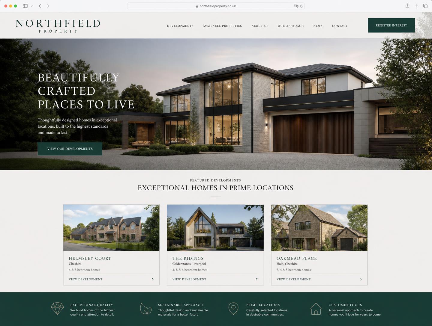 Website design for a property development business with architectural photography and development listings